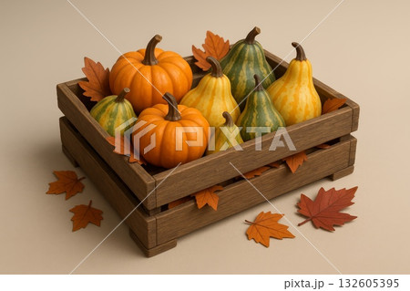 Assorted pumpkins and squash in a wooden crate with autumn leaves, perfect for fall harvest and thanksgiving decor. 132605395
