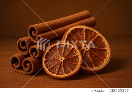 Dried orange slices and cinnamon sticks arranged on warm brown background, perfect for autumn and holiday themes. 132605397