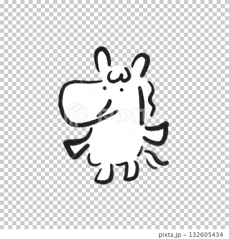 Cute smiling horse in ink painting. New Year's material. Hand-drawn. Monochrome. 132605434