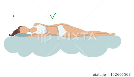 Correct sleeping body posture. Healthy sleeping position spine on orthopedic mattress and pillow. Caring for health of back, neck. Vector illustration 132605568
