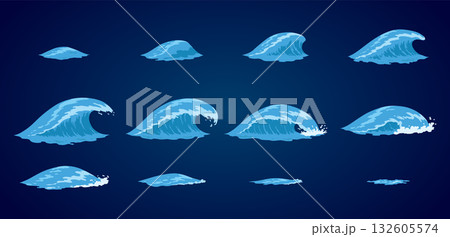Animation water wave frame set. Water splash for animation and visual effects. Sea or ocean wave with drops or splatters. Cartoon vector illustration 132605574