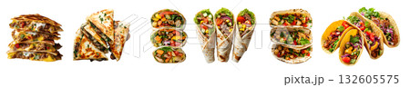 Set of 3 Mexican origin dish tortilla, Quesadillas, tacos and burritos, stack pile group, isolated transparent cutout PNG. Mockup for design artwork Set of 3 Mexican origin dish tortilla, Quesadillas, tacos and burritos, stack pile group, isolated transparent cutout PNG. Mockup for design artwork 132605575