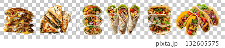Set of 3 Mexican origin dish tortilla, Quesadillas, tacos and burritos, stack pile group, isolated transparent cutout PNG. Mockup for design artwork 132605575