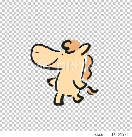 Smiling and leisurely walking horse character. New Year's material. Hand-drawn. Sumi-e. 132605576