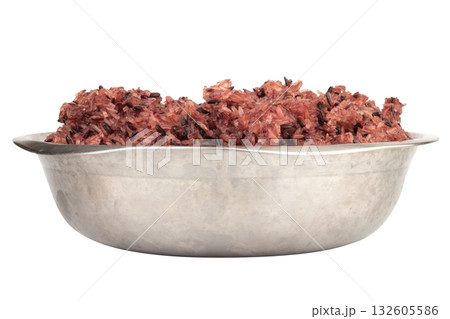 Black sticky rice is in the stainless steel bowl on white background Black sticky rice is in the stainless steel bowl on white background 132605586