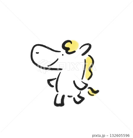 笑顔でのんびり歩く白馬キャラクター　正月素材　手描き　墨絵 132605596