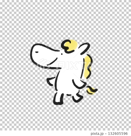 笑顔でのんびり歩く白馬キャラクター　正月素材　手描き　墨絵 132605596
