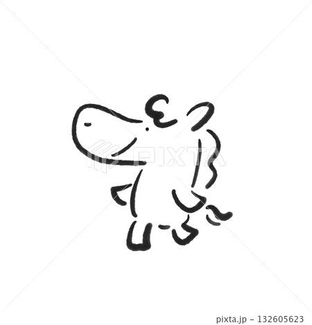 笑顔でのんびり歩く馬キャラクター　正月素材　モノクロ　手描き　墨絵 132605623