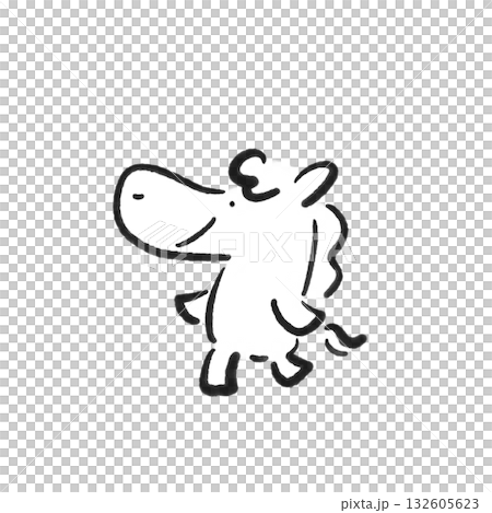 笑顔でのんびり歩く馬キャラクター　正月素材　モノクロ　手描き　墨絵 132605623