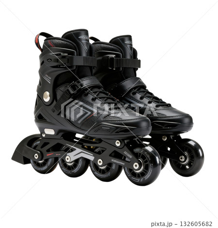 Fun active sport with black rollerblade inline skate equipment. pair for outdoor recreation and skating hobby 132605682
