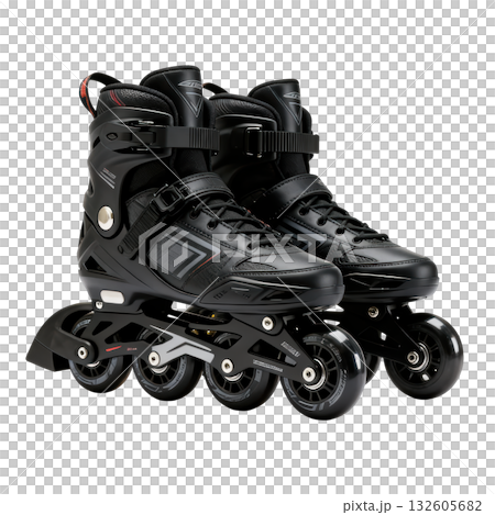 Fun active sport with black rollerblade inline skate equipment. pair for outdoor recreation and skating hobby 132605682