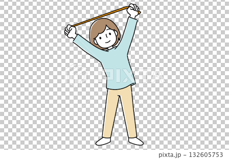 ゴムを使って体側を伸ばす女性 132605753