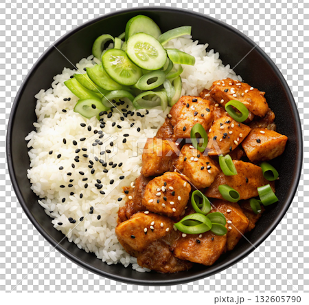 spicy teriyaki chicken chunks served with rice 132605790