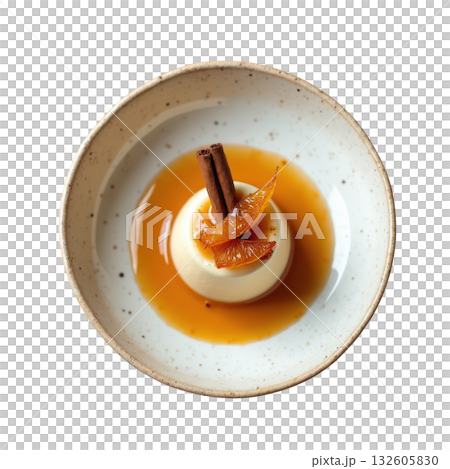 Gourmet cinnamon cremeux dessert with toffee sauce and candied orange zest. delicious and elegant sweet food 132605830