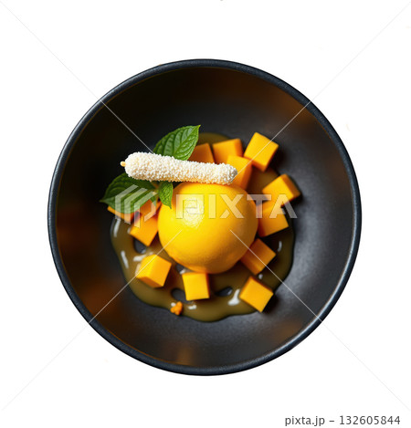 Refreshing gourmet mango sorbet, yellow sweet fruit dessert with mint garnish. Top view on dark plate Refreshing gourmet mango sorbet, yellow sweet fruit dessert with mint garnish. Top view on dark plate 132605844