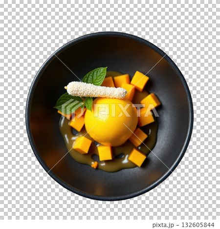 Refreshing gourmet mango sorbet, yellow sweet fruit dessert with mint garnish. Top view on dark plate 132605844