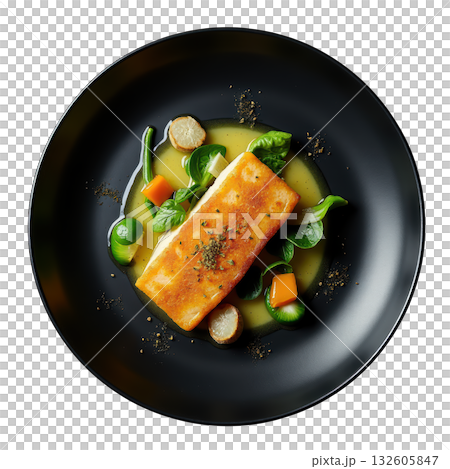 Appetizing pan seared fish fillet gourmet dish with vegetable and yellow lemongrass coconut broth on black plate Appetizing pan seared fish fillet gourmet dish with vegetable and yellow lemongrass coconut broth on black plate 132605847
