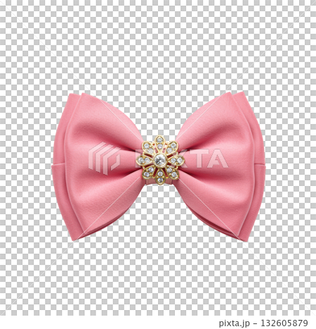 Elegant pink hair bow, fashion accessory with gold flower jewel ornament. cute satin ribbon on transparency background 132605879