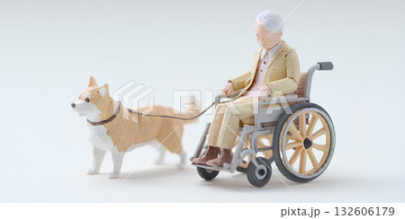 車椅子の高齢者と介助犬／やさしい絆と支え合い（まみおデザイン福祉シリーズ） 132606179