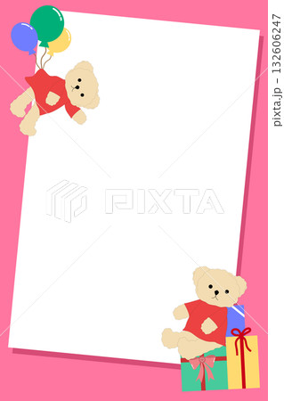 Cute Teddy Bear with Balloons and Gifts Vertical Frame, Celebration Note Paper Template 132606247