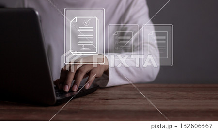 Young man hand with laptop to sign a Online Business Contract, Contract signing, Young man hand with laptop to sign a Online Business Contract, Contract signing, 132606367