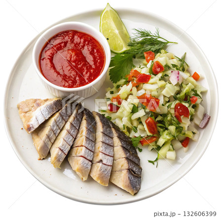 smoked mackerel slices with chopped salad smoked mackerel slices with chopped salad 132606399