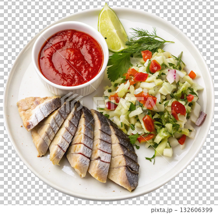 smoked mackerel slices with chopped salad smoked mackerel slices with chopped salad 132606399