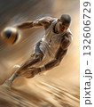 Basketball player dribbling aggressively on a court 132606729