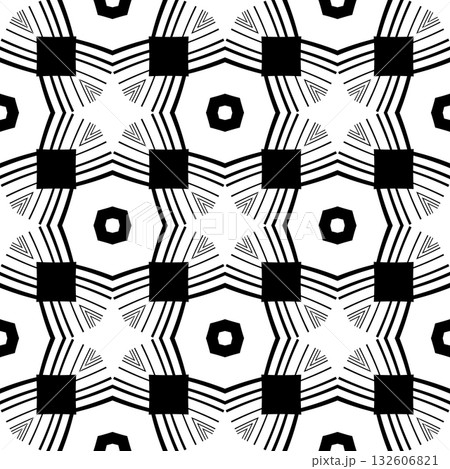Abstract seamless pattern with decorative geometric  elements. Black and white ornament. Modern stylish texture repeating. Great for tapestry, carpet, bedspread, fabric, ceramic tile, pillow 132606821