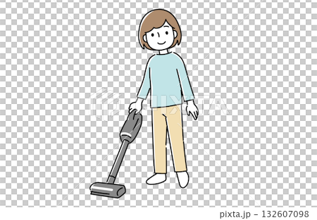 A woman using a stick vacuum cleaner 132607098