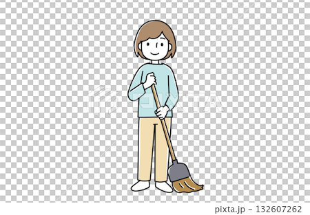 長いほうきで掃除する女性 長いほうきで掃除する女性 132607262