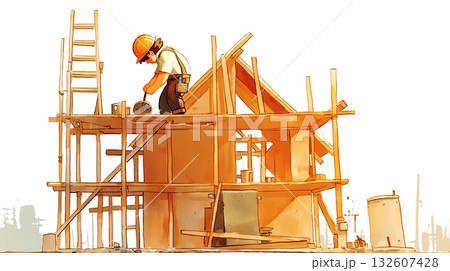 Construction worker in hard hat is using a circular saw on a wooden frame of a house, surrounded by scaffolding and construction materials, showcasing building process and craftsmanship 132607428