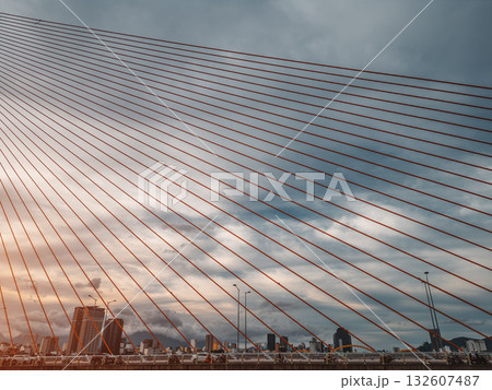 Modern cable-stayed bridge over Han River in Da Nang, Contemporary urban span connecting city skyline across Vietnamese waterway 132607487