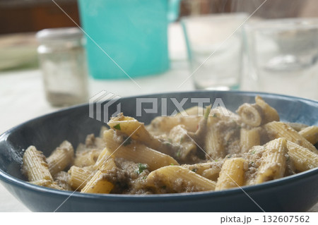 creamy mushroom penne pasta traditional italian dish comfort food 132607562