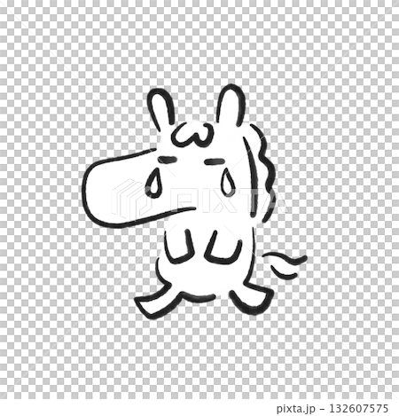 Sad and crying horse, sad, New Year's material, ink painting, monochrome 132607575