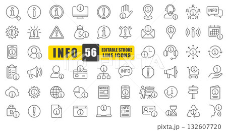 Information Line Icon Vector Set. A Collection Of 54 Thin Line Editable Stroke Icons Representing Help, Support, Alerts, Tips, And Communication. Perfect For Websites, Apps, Customer Service. Isolated 132607720
