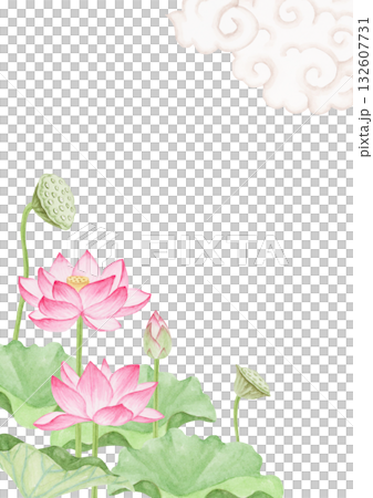 Lotus flower paradise background frame watercolor illustration 132607731
