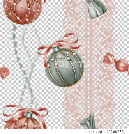 Christmas seamless pattern with vertical waves of pearl beads,ribbon openwork lace,Christmas tree balls in velvet with ribbons bows,caramel and chocolate candies.Hand drawn watercolor illustrations Christmas seamless pattern with vertical waves of pearl beads,ribbon openwork lace,Christmas tree balls in velvet with ribbons bows,caramel and chocolate candies.Hand drawn watercolor illustrations 132607794