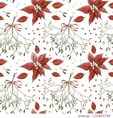 Vintage Christmas seamless border of holly,poinsettia and mistletoe as a symbol of holiday, miracle and faith.Watercolor illustration isolated on white background for tableware,cards, kitchen textiles 132607799