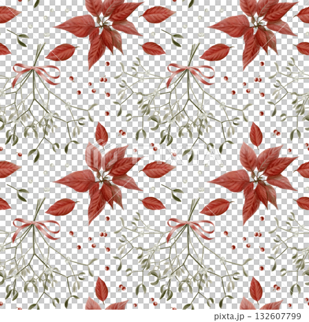 Vintage Christmas seamless border of holly,poinsettia and mistletoe as a symbol of holiday, miracle and faith.Watercolor illustration isolated on white background for tableware,cards, kitchen textiles 132607799