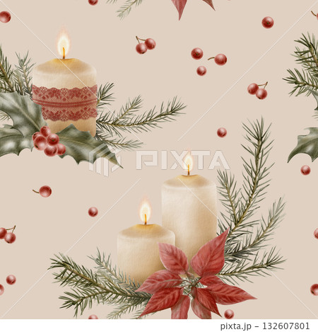 Christmas seamless pattern with cozy candles adorned with burgundy lace,fir branches,holly with red berries and red poinsettia flowers.Hand drawn illustration for xmas decor,background,wrapping paper Christmas seamless pattern with cozy candles adorned with burgundy lace,fir branches,holly with red berries and red poinsettia flowers.Hand drawn illustration for xmas decor,background,wrapping paper 132607801