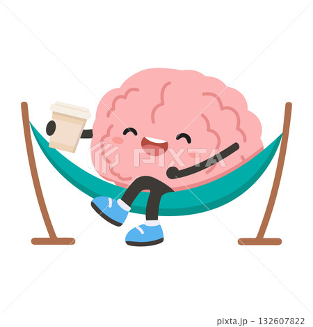 Cartoon Brain Relaxing in Hammock with Coffee 132607822