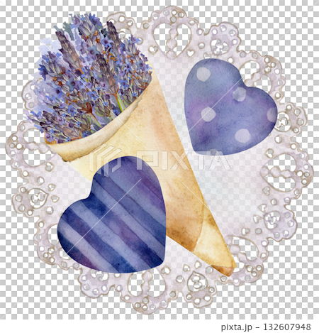 Romantic lavender bouquet in rustic cone of natural kraft paper, round paper doily with lace trim, striped and dotted hearts. Isolated illustration hand drawn in watercolor. Valentine card decor. Romantic lavender bouquet in rustic cone of natural kraft paper, round paper doily with lace trim, striped and dotted hearts. Isolated illustration hand drawn in watercolor. Valentine card decor. 132607948