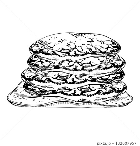 Stacked pancakes on raku clay dish, flapjacks and breakfast crepes. Isolated illustration hand drawn in vector ink. Patisserie labels, culinary printables, dessert sticker designs, cafe menu graphics. Stacked pancakes on raku clay dish, flapjacks and breakfast crepes. Isolated illustration hand drawn in vector ink. Patisserie labels, culinary printables, dessert sticker designs, cafe menu graphics. 132607957