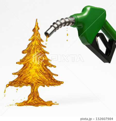 Creative Christmas tree made of golden fuel with gas pump nozzle, energy holiday concept on white Creative Christmas tree made of golden fuel with gas pump nozzle, energy holiday concept on white 132607984