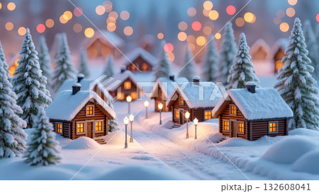 Magical snowy Christmas village with log cabins and glowing lights, cozy winter scene surrounded by pine trees festive ambiance 132608041