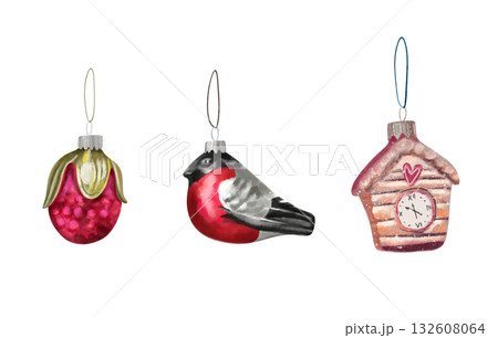 Watercolor illustration of vintage glass Christmas tree decorations. New Year. A little house, a little bird, a little berry. 132608064