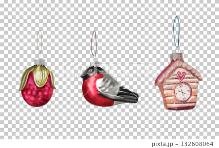 Watercolor illustration of vintage glass Christmas tree decorations. New Year. A little house, a little bird, a little berry. 132608064