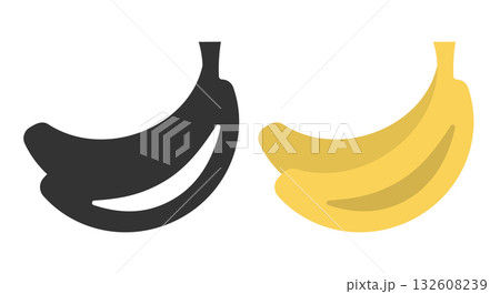 Two distinct line icons of bananas showcase a black version alongside a bright yellow one, perfect for illustrating fruit-themed projects or enhancing digital design. 132608239
