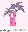 A cartoon style illustration depicts two vibrant palm trees with pink trunks, purple leaves, and round coconuts on a soft, pink background. The trees lean towards each other. 132608251